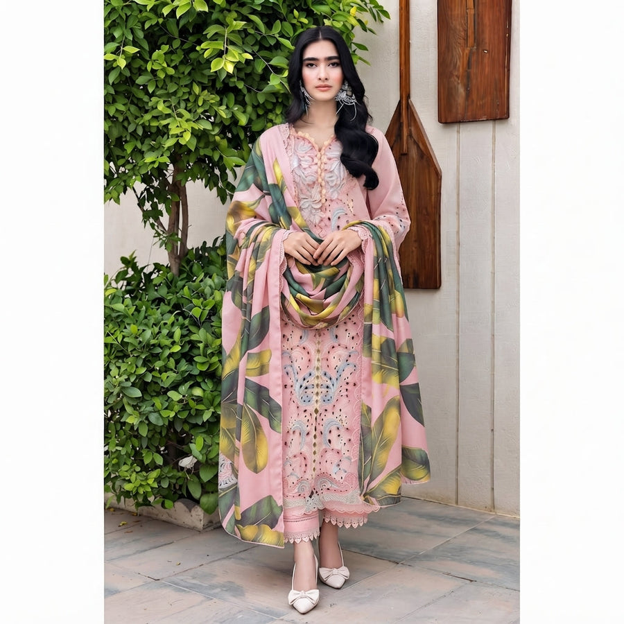 Chikankari Embroidered 3-Piece Dhanak Suit with Pashmina Silk Shawl (Brand Code 318) | Winter Collection