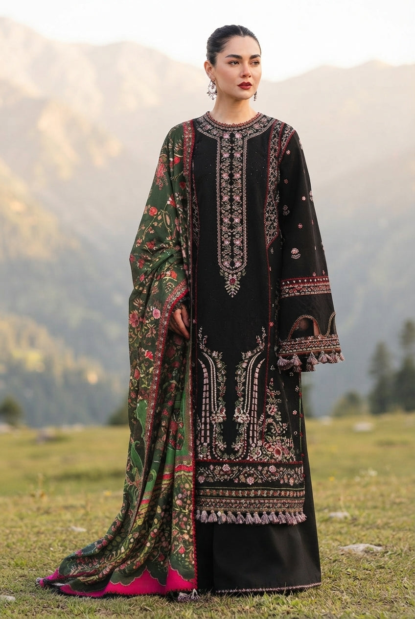 Embroidered 3-Piece Dhanak Suit with Imported Pashmina Silk Shawl (Brand Code 301) | Winter Collection