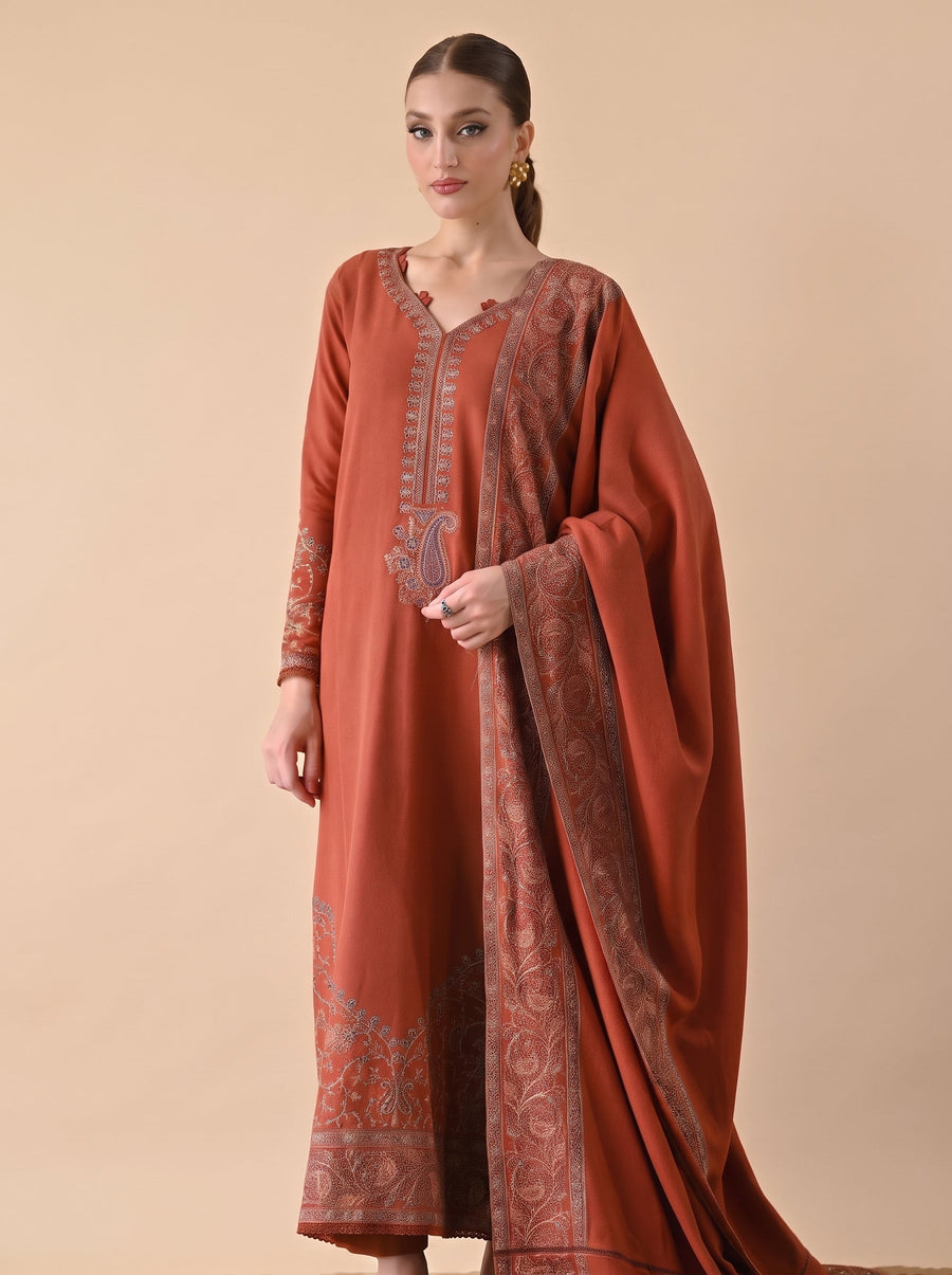 Embroidered 3-Piece Dhanak Suit with Luxury Shawl (Brand Code 117) | Winter Collection
