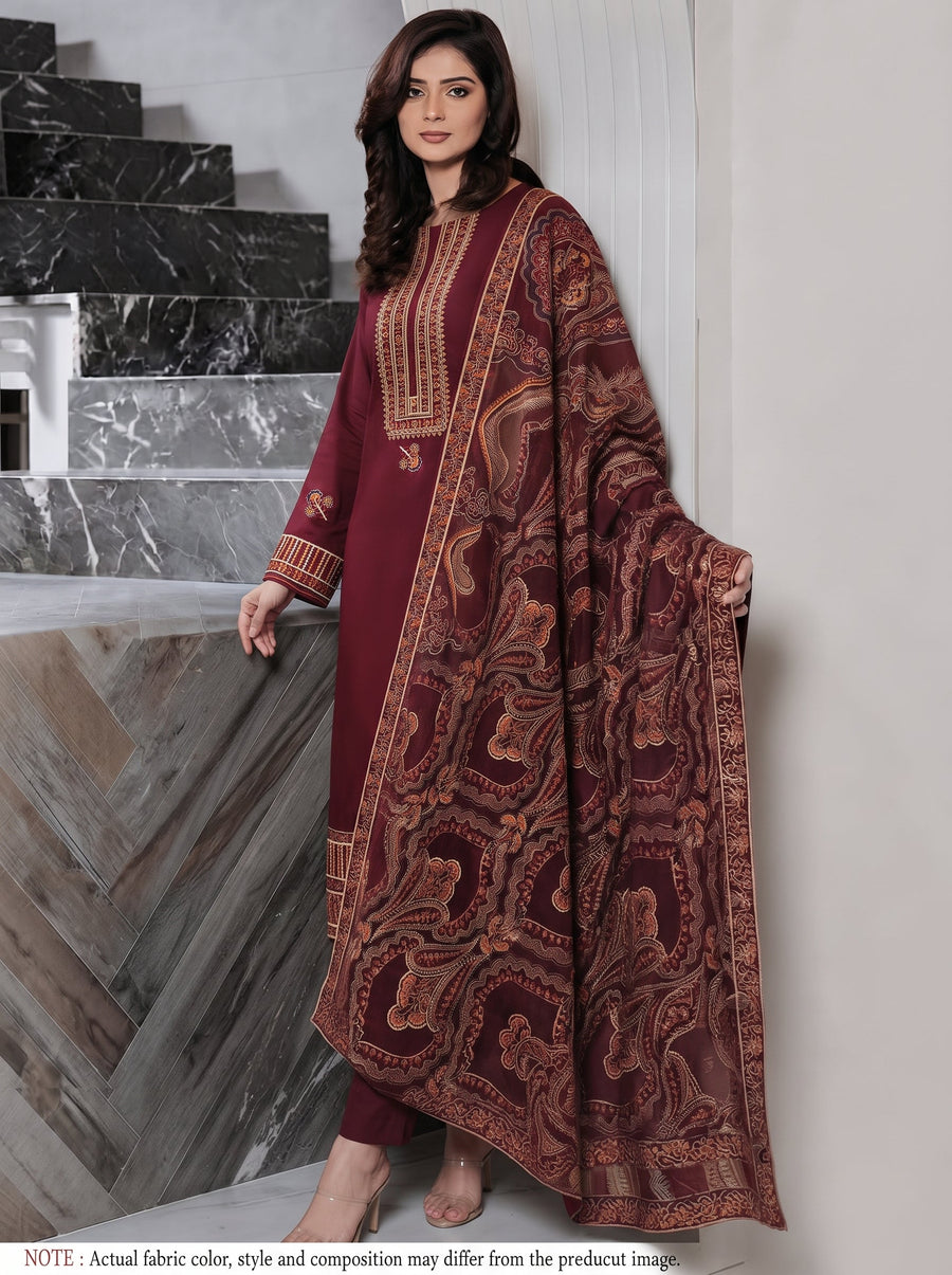 Heavy Embroidered 3-Piece Dhanak Suit with Laser Cutwork Shawl (Brand Code 312) | Winter Collection