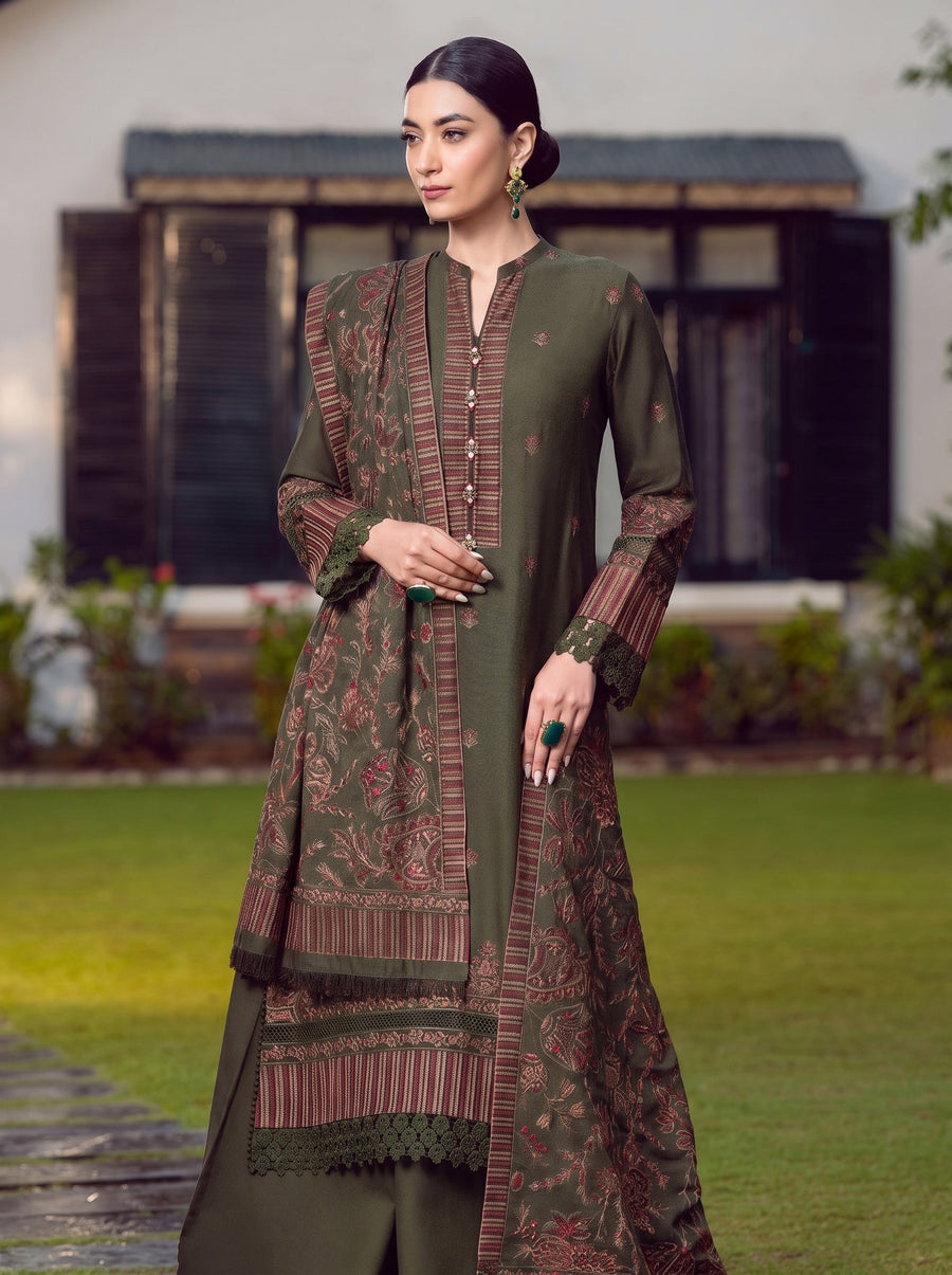 Embroidered 3-Piece Dhanak Suit with Luxury Shawl (Brand Code 102) | Winter Collection