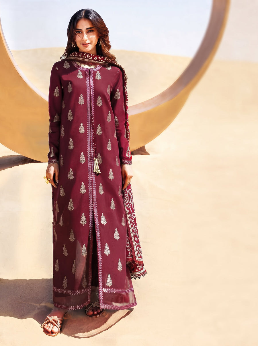 Embroidered 3-Piece Dhanak Suit with Imported Pashmina Wool Shawl (Brand Code 222) | Winter Collection