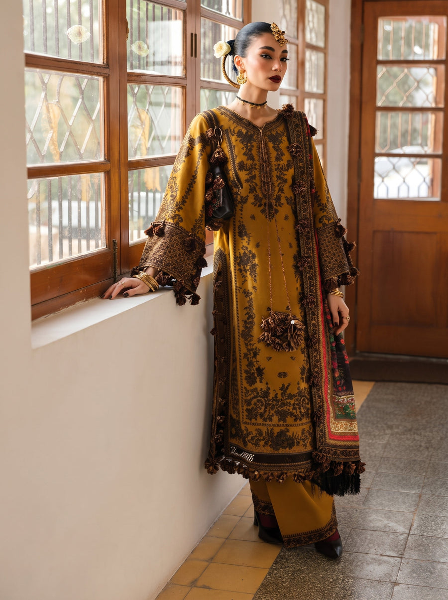 Embroidered 3-Piece Dhanak Suit with Imported Pashmina Silk Shawl (Brand Code 238) | Winter Collection