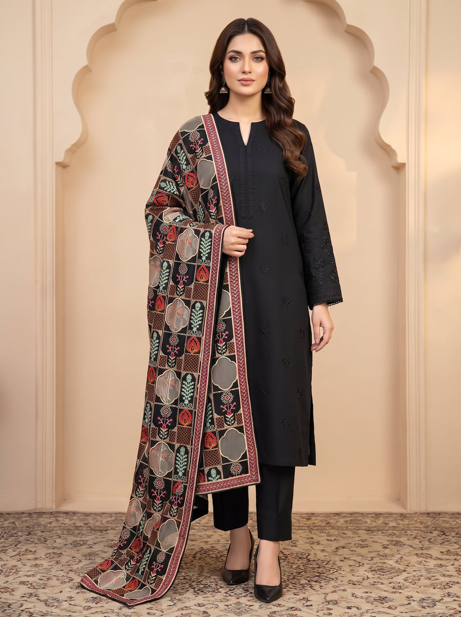 Heavy Embroidered 3-Piece Dhanak Suit with Laser Cutwork Shawl (Brand Code 315) | Winter Collection