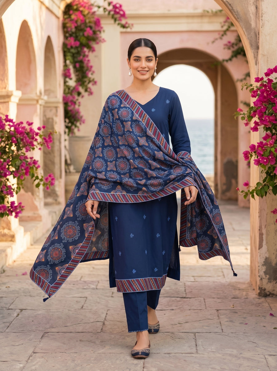 Fully Embroidered 3-Piece Dhanak Suit with Luxury Shawl (Brand Code 113) | Winter Collection